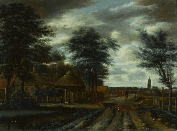 A Country Lane With A Farm And Figures And Cattle In The Foreground Oil Painting by Pieter Jansz. van Asch