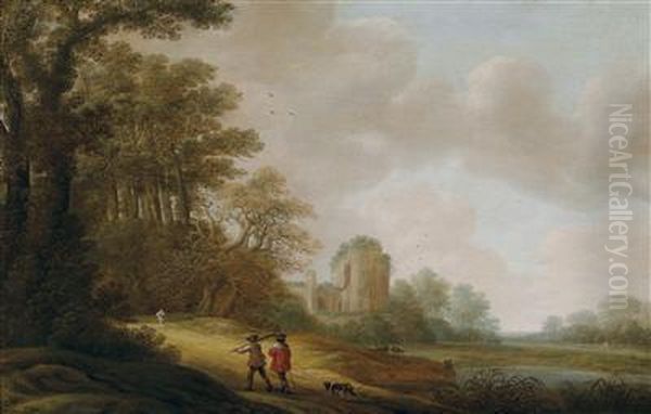 A Traveller On A Wooded Pathway Before The Ruins Of A Church Oil Painting by Pieter Jansz. van Asch