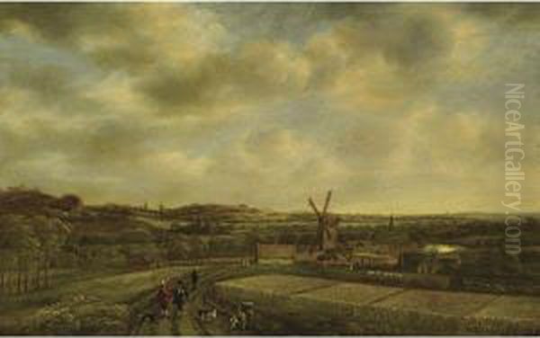 An Extensive Dune Landscape With A Windmill Near A Smallvillage, Figures Conversing On A Path Near Cornfields Oil Painting by Pieter Jansz. van Asch