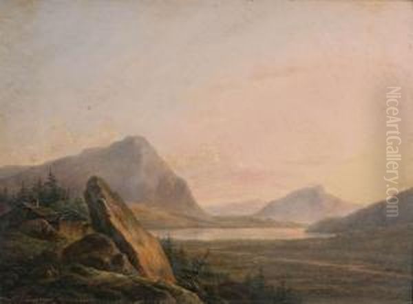 Bergachtig Landschap Bij Zonsondergang Met Reizigers Aan Het Water Oil Painting by Henri Van Assche