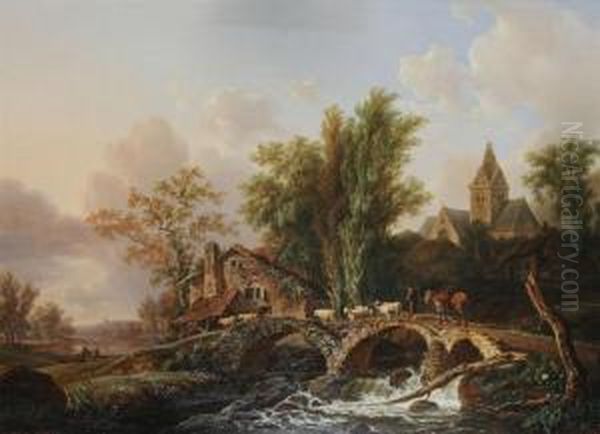 Landscape With Cowherds Near The Village Oil Painting by Henri Van Assche