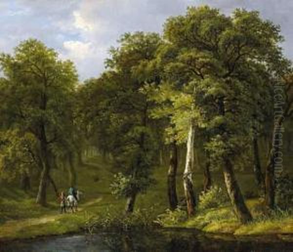 Forest Landscape With Horsemen Oil Painting by Henri Van Assche