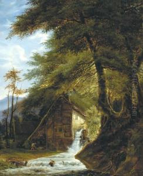 Watermolen Aan Derand Van Het Bos (1835) Oil Painting by Henri Van Assche