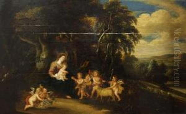 Maria Mit Dem Kind, Dem Johannesknaben, Funf Engeln Und Einem Lamm Oil Painting by Pieter Van Avont