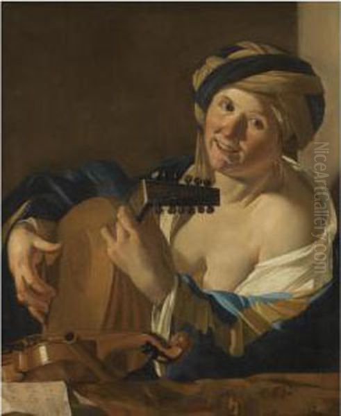 A Woman Playing The Lute Oil Painting by Dirck Van Baburen