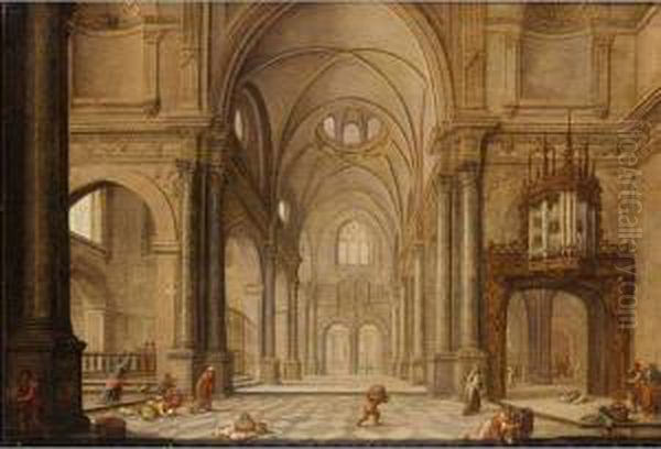 A Church Interior With Christ Driving The Moneychangers From The Temple Oil Painting by Hans Juriaensz. Van Baden