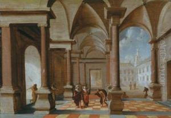 Interno Di Palazzo Con Un Sovrano Incoronato E Altre Figure Oil Painting by Jan J. Van Baden