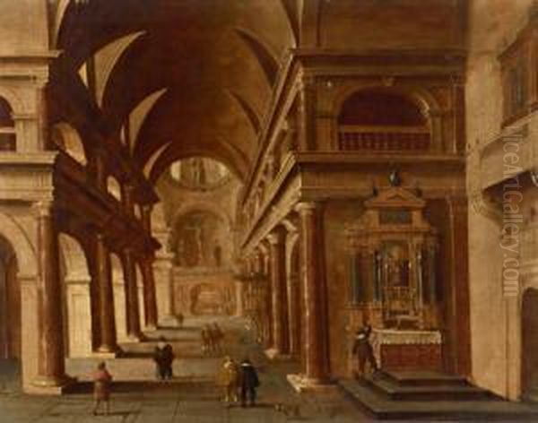 Interno Di Chiesa Barocca Con Figure Oil Painting by Jan J. Van Baden