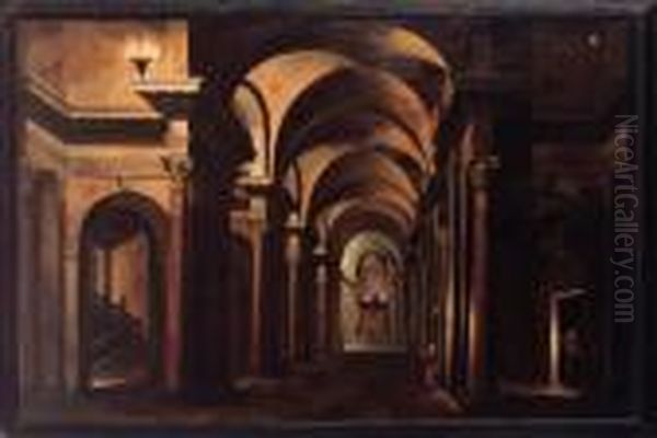 A Candlelit Church Interior Oil Painting by Jan J. Van Baden