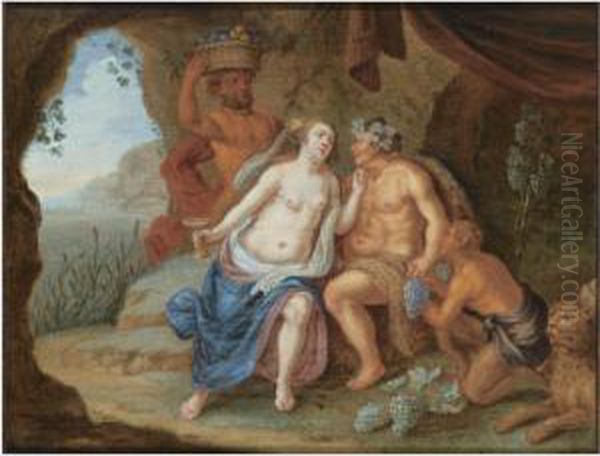 Bacchus With A Nymph Holding A Glass Of Wine, Together With Twosatyrs And A Leopard, In A Grotto, Surrounded By Grapes Oil Painting by Jan Van Balen