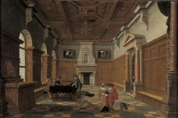 An Interior With An Elegant Company Playing Backgammon Oil Painting by Bartholomeus Van Bassen