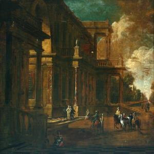 Palace Scenery With Figures Oil Painting by Bartholomeus Van Bassen