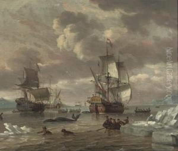 Dutch Whalers Hunting Before An Arctic Coast Oil Painting by Jan Karel Donatus van Beecq