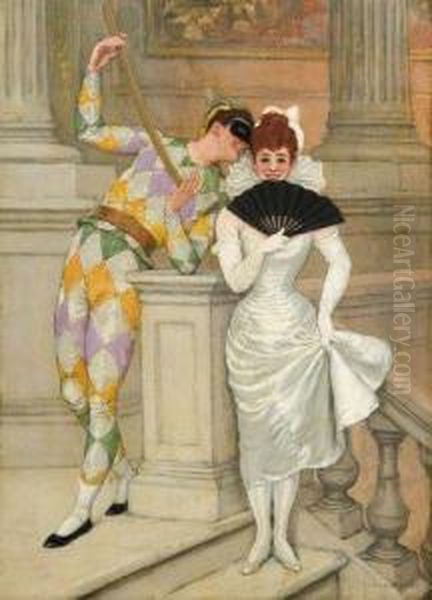 Arlequin Et Pierrette Oil Painting by Jan van Beers