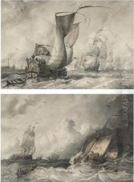 A Ceremonial 17th Century Yacht Awaiting The Return Of The Fleet;and A Pilot Accompanying A Dutch Fregat Near The Harbour Ofdover Oil Painting by Albert Van Beest