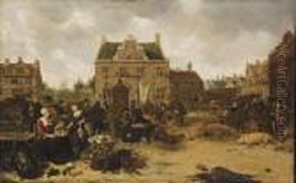 A Market Scene In A Town Square Oil Painting by Sybrand Van Beest