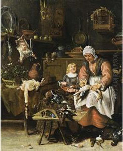 A Kitchen Interior With A Maid Plucking A Duck And A Little Boy Eating Porridge Oil Painting by Sybrand Van Beest