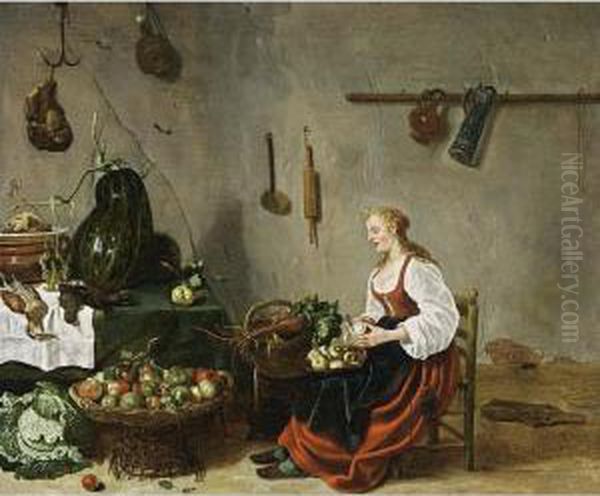 A Kitchen Interior With A Maid Cleaning Turnips Oil Painting by Sybrand Van Beest