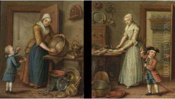 A Woman Cleaning Pots In An Interior With A Boy Eating Cherries; A Woman Preparing Fish In A Kitchen And A Child Playing (a Pair) Oil Painting by Abraham Hendrick van Beesten