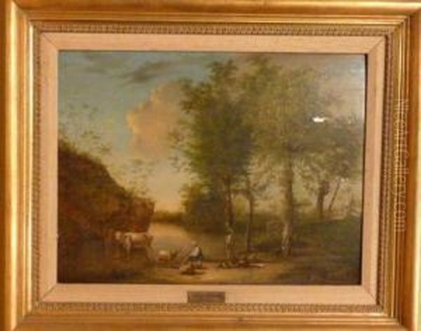 Animals Grazing By A Pond Oil Painting by Jan Van Bellingen