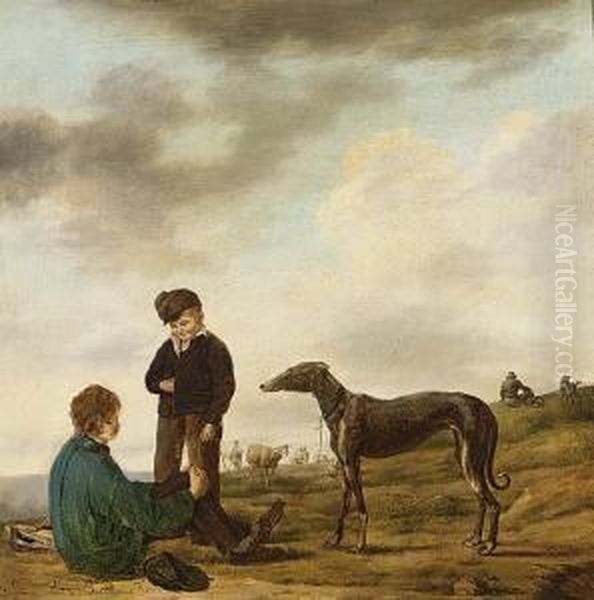 Young Hunters And A Greyhound Oil Painting by Jan Van Bellingen