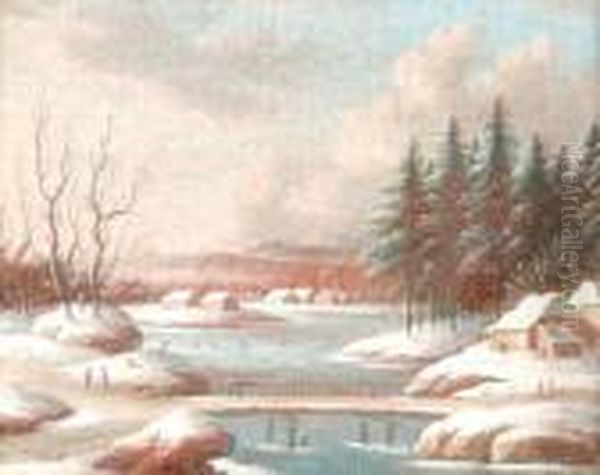 A Winter Landscape With Skaters On A Frozen River Oil Painting by Jacob Gerritz Van Bemmel