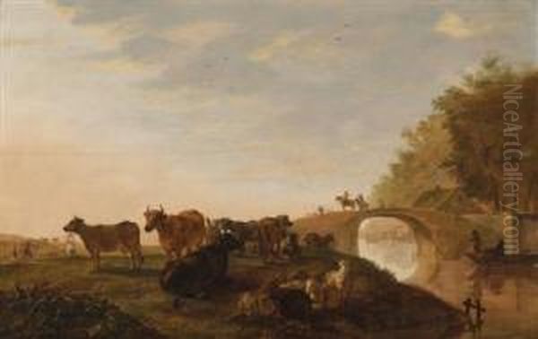 Cattle Resting Near A Bridge Across A Canal Oil Painting by Jacob Gerritz Van Bemmel