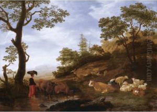 A Landscape With Sheep, Cattle And Herdsmen, With A Town Beyond Oil Painting by Jacob Gerritz Van Bemmel