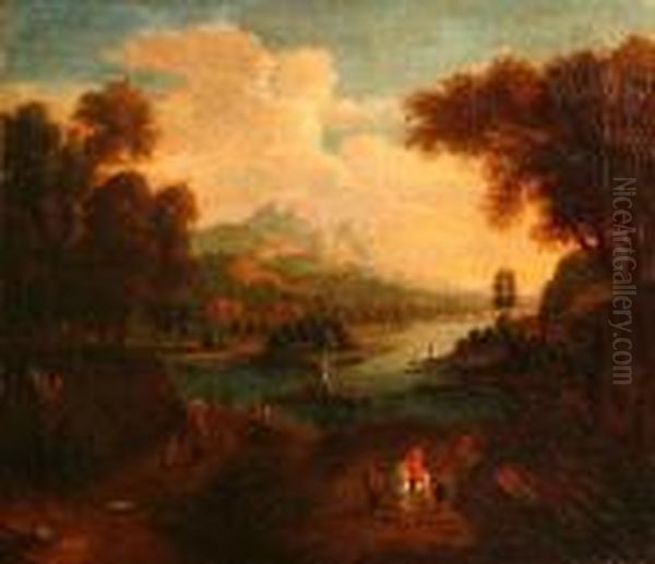 An Extensive River Landscape With Figures In The Foreground Oil Painting by Willem Van Bemmel