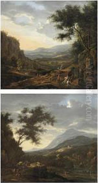 A Mountainous Landscape With Horseman On A Track At Sunset Oil Painting by Willem Van Bemmel