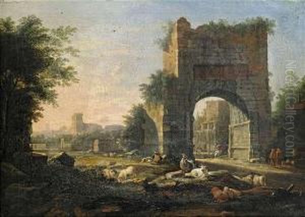 Rome At Evening Light. 
Herdsmen At The Arch Of Drusus, 
In The Background The Colosseum And The Tower Of S. 
Francesca Romana. Oil Painting by Willem Van Bemmel