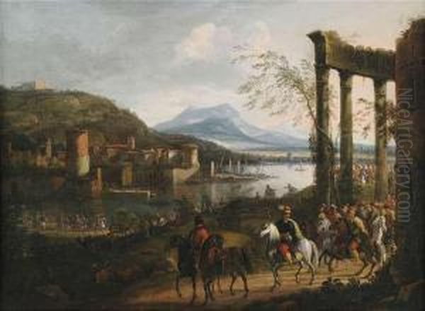 Extensive Italianate River Landscape With Ruins, 
Port And A Cavalcade. Oil Painting by Willem Van Bemmel