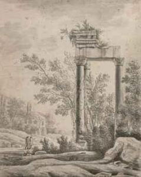 A Classical Ruin In An Italianate Landscape With Two Travellers Ona Path, A Ruin Beyond Oil Painting by Willem Van Bemmel