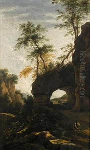 An Italianate Landscape With Figures Resting Before An Arch Oil Painting by Willem Van Bemmel