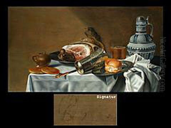 Stilleben Mit Einem Grossen Schinken, Silberbecher, Zinnteller,brotchen, Westerwalder Krug Sowie Senftopfchen Und Messer Oil Painting by Pieter Van Berendrecht