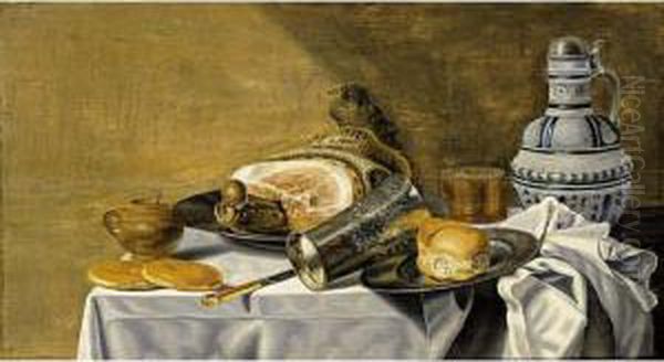 A Still Life With A Ham And A Bun On Pewter Plates, A Silver-gilt Beaker, A Beer Glass, A Stoneware Jug, A Knife, Bread And A Stoneware Mustard Jar, All On A Table Draped With A White Tablecloth Oil Painting by Pieter Van Berendrecht