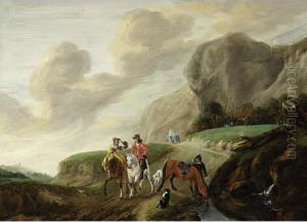 A Hilly Landscape With A Falcon Hunt Together With Horsemen, A View Of A Farmhouse Beyond Oil Painting by Claes Van Beresteyn