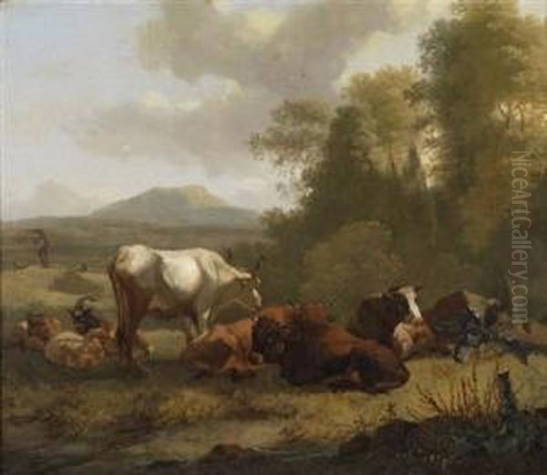 A Landscape With Grazing Cattle Oil Painting by Dirk van Bergen