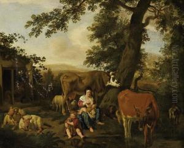 Farmer's Wife Breastfeeding Amongst Acattle Herd Oil Painting by Dirk van Bergen