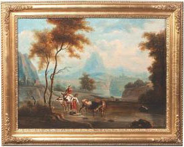 Figures And Cattle Crossing A Stream In Anitalianate Landscape Oil Painting by Dirk van Bergen