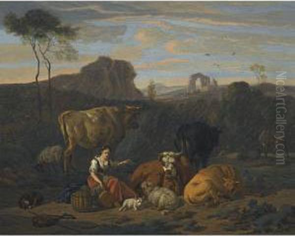 An Italianate Landscape With A Shepherdess Looking After Livestock Oil Painting by Dirk van Bergen