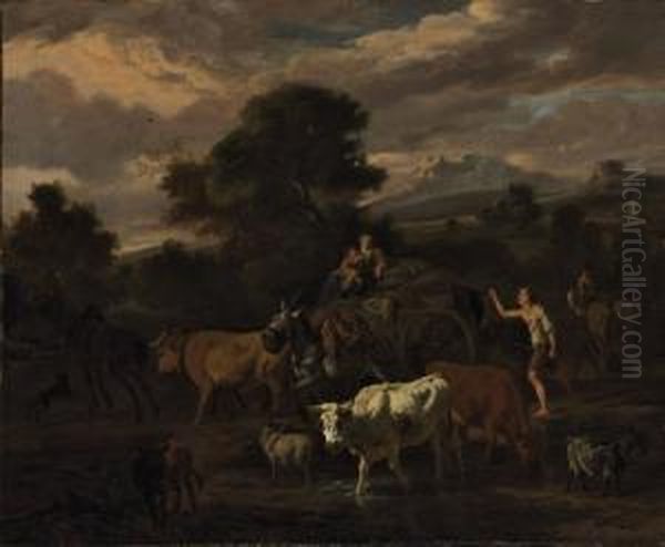 An Italianate Landscape With A Herder Oil Painting by Dirk van Bergen