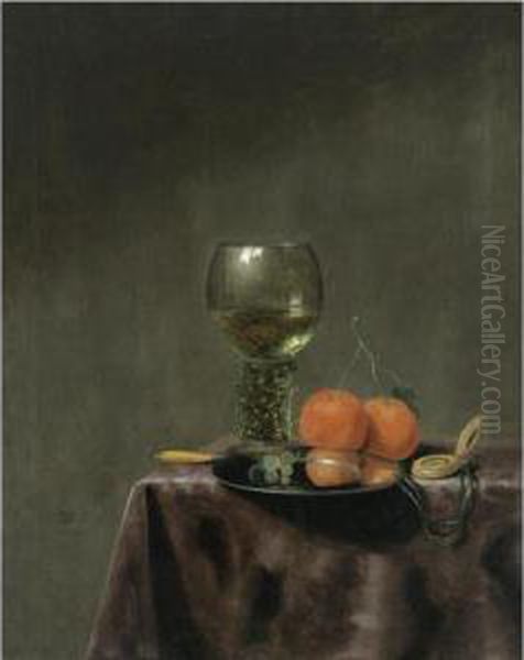 Still Life With A Roemer, Oranges, A Watch And A Silver Plate, All Arranged On A Draped Table Oil Painting by Gerard Van Berleborch