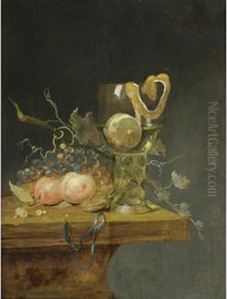 A Still Life With A Roemer And A Peeled Lemon, Peaches, Grapes, A Watch, All On A Wooden Ledge Oil Painting by Gerard Van Berleborch