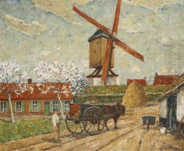 Landschap Met Boer Met Kar Bij Windmolen Oil Painting by Alfons, Van Beurden Snr.