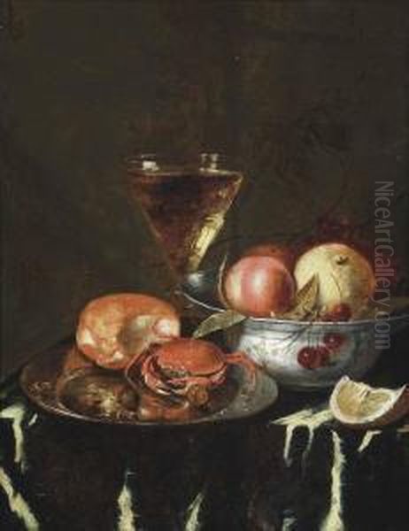 A Crab On A Pewter Platter, A Peach, Cherries In A Pewter Bowl And A Wine Glass Oil Painting by Abraham Hendrickz Van Beyeren