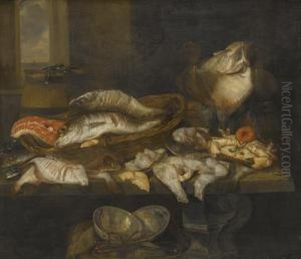 A Still Life With Salmon, Plaice, A Crab And Other Fish Arranged On A Table, A View Of The Sea Beyond Oil Painting by Abraham Hendrickz Van Beyeren