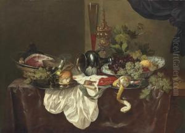 A Roemer, A Langoustine And A Ham On Pewter Plates Oil Painting by Abraham Hendrickz Van Beyeren