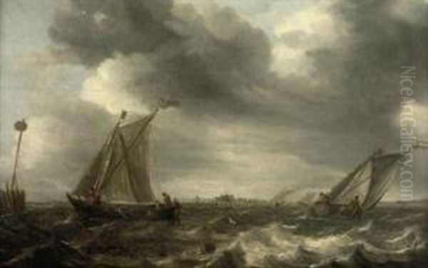 Shipping In Choppy Waters, A Town In The Distance Oil Painting by Abraham Hendrickz Van Beyeren