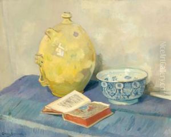 Still Life With Yellow Jar, Earthenware Bowl And A Book Of Hours Oil Painting by Gerrit W. Van Blaaderen